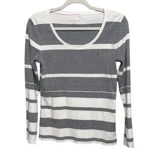 Tommy‎ Hilfiger Women Gray White Stripe Long Sleeve Scoop Neck Shirt Top Size L